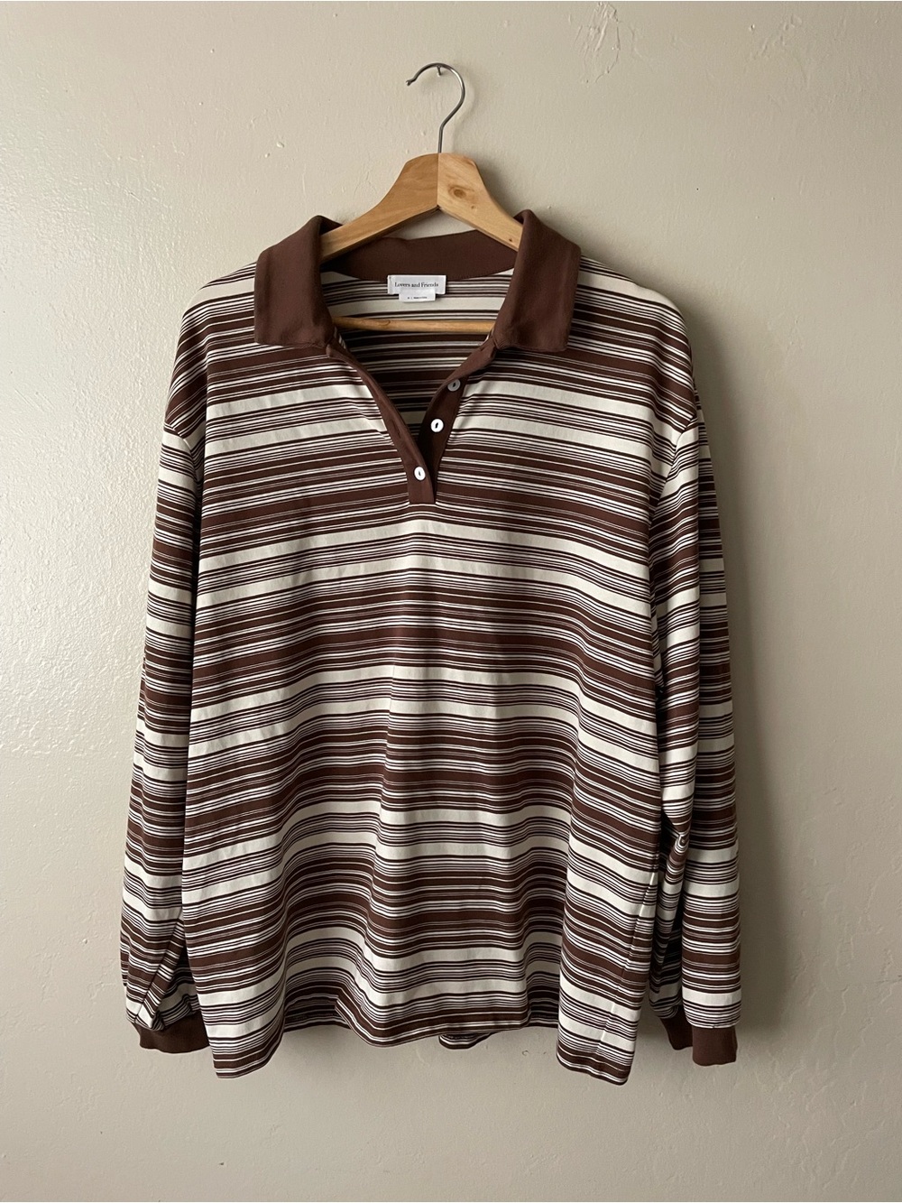 Lovers + Friends Brown & Cream Striped Long Sleeve Polo rugby top